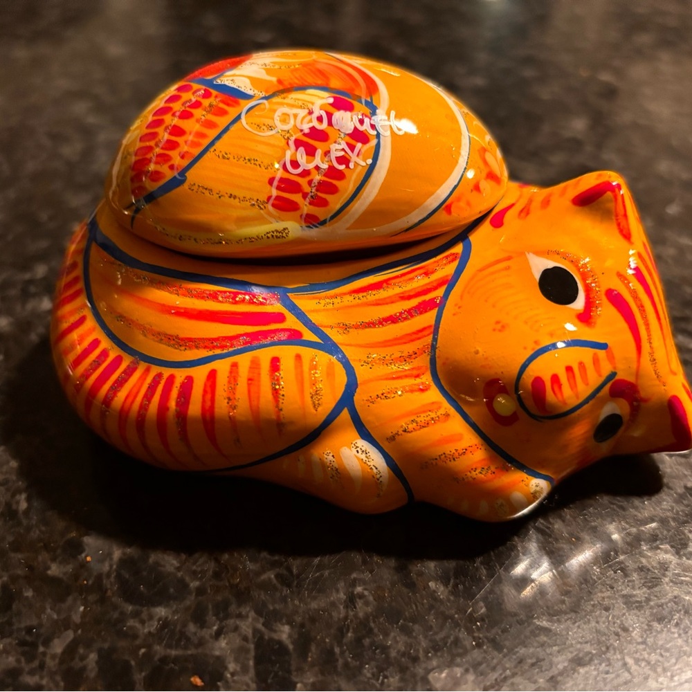Talavera style Mexican Pottery Cat Trinket Box Orange Hand Painted COZUMEL MEX